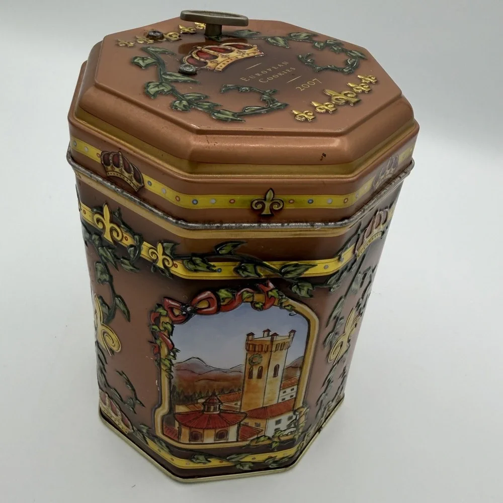 Vintage European Cookies Tin 2007 Octagon Copper Crown‎ Castle Scene Musical Tin